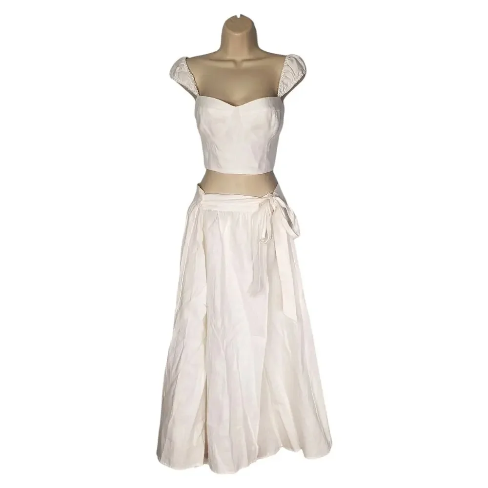 Reformation Clyde 100% Linen Two Piece Crop Top Midi Skirt Set White Size 10